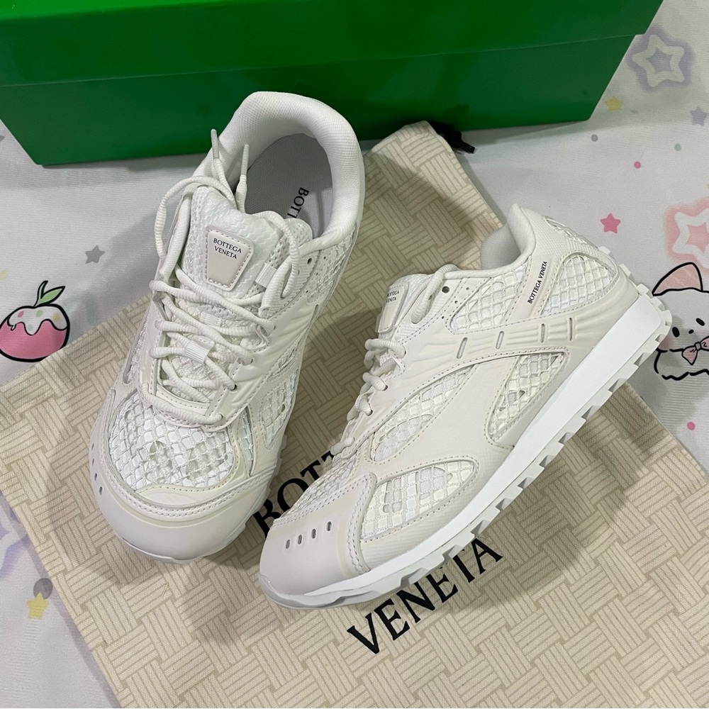 Bottega Veneta White Mesh & Leather Sneakers - Picture 2 of 12
